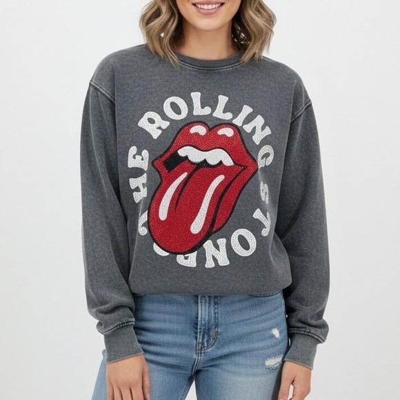 ZARA The Rolling Stones Girls Crystal Sweatshirt charcoal gray Size 12 - Picture 9 of 9